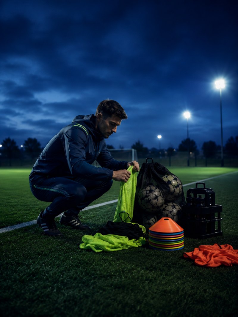 Trainer aan de zijlijn met materiaal